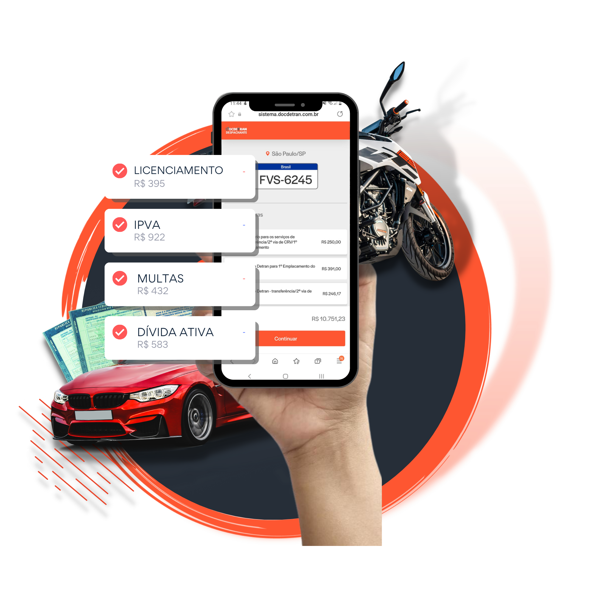 Montagem com celular, veículo, moto e débitos veiculares DocDetran