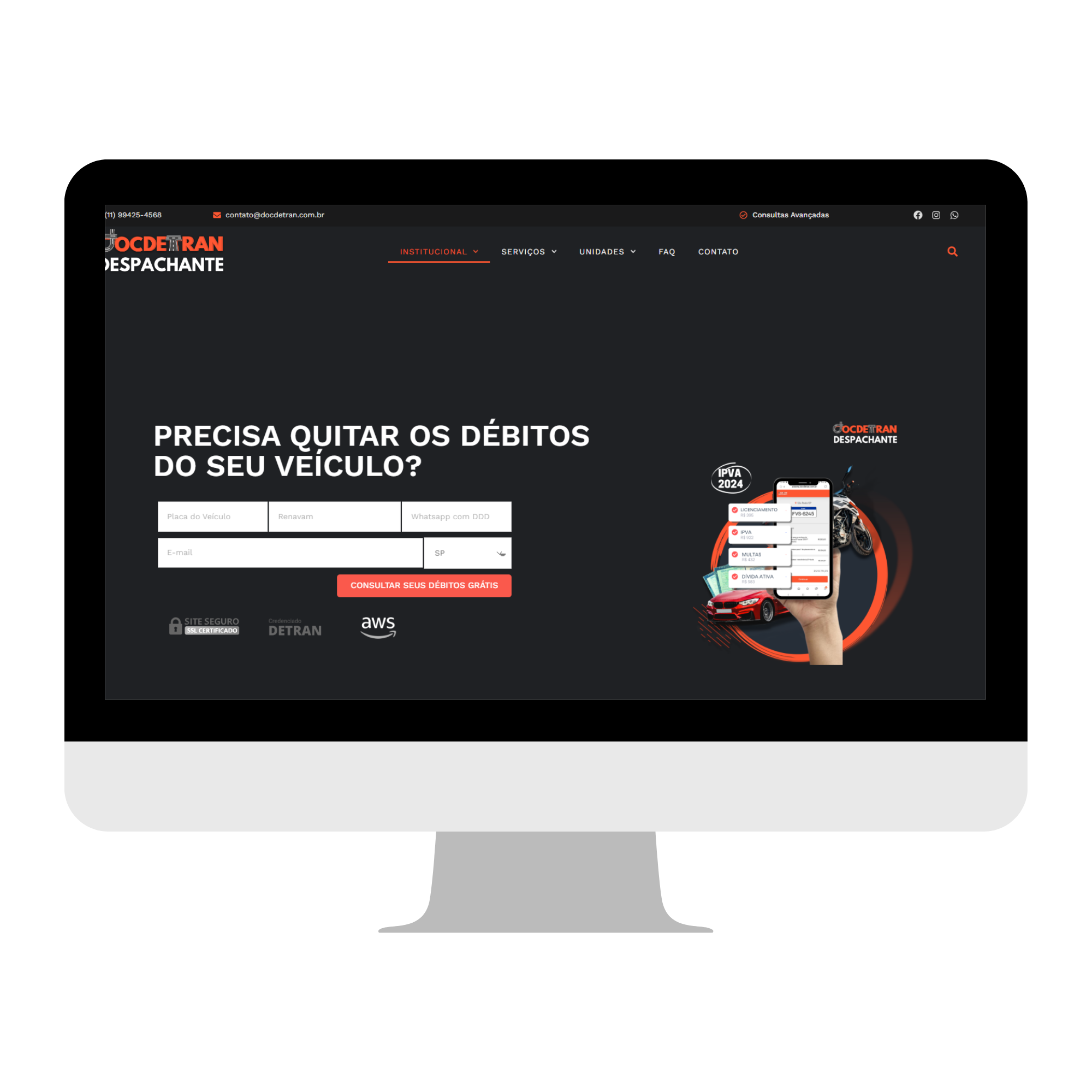 Site DocDetran com formulário de consulta de débitos